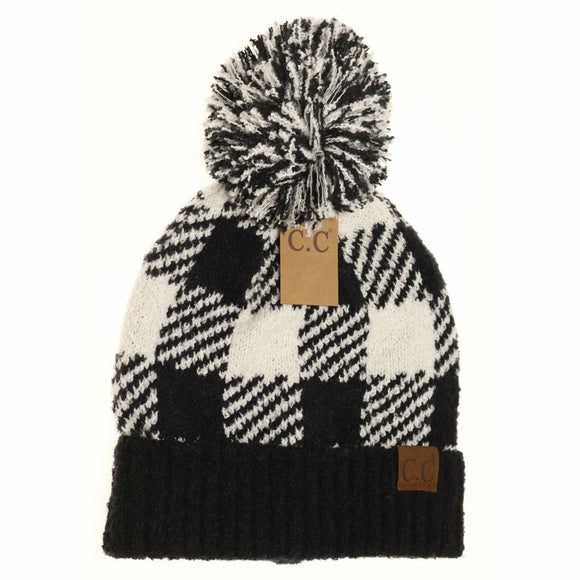 Buffalo Print Jacquard Knit Pom Beanie: Black/White