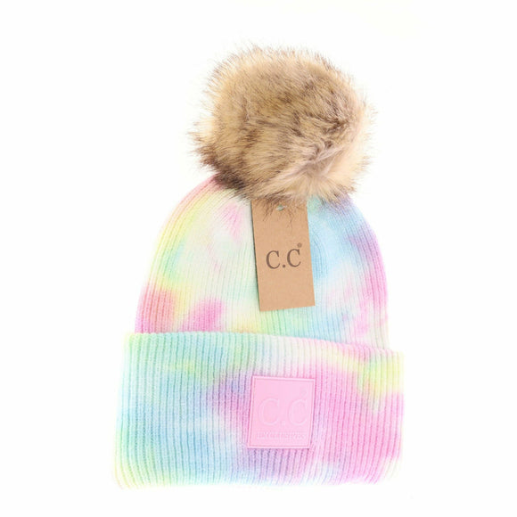 Tie Dye Fur Pom C.C Beanie: Cotton Candy