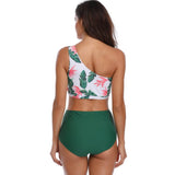 Two Piece One Shoulder Tropical Green Swimsuit