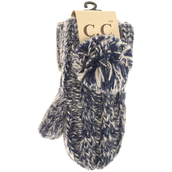 Kids CC Multi-Tone Double Pom Fuzzy Lined Mittens: Navy