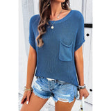 Pocket Knit Round Neck Loose Pullover Sweater - Blue