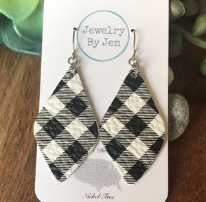 Lora Earrings: Black & White Buffalo Plaid