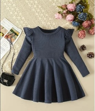 Girl's Solid Navy Ribbed Flutter Trim Dress