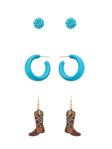 3 Pairs Cowboy Boots Earrings Set -Blue/Leopard Boots