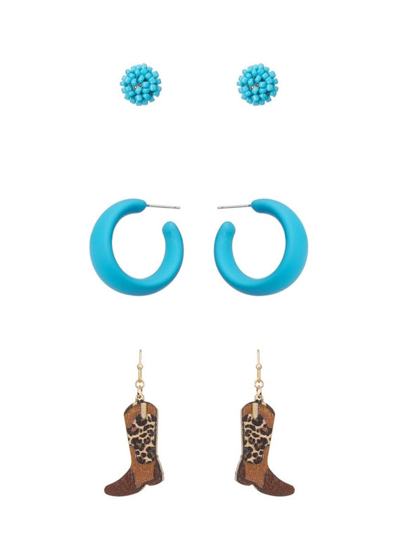 3 Pairs Cowboy Boots Earrings Set -Blue/Leopard Boots