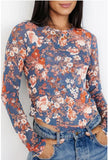 Floral Print Mesh Fitted Long Sleeve Top - Blue