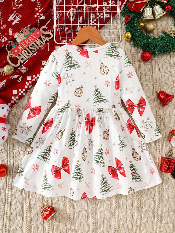 Toddler Christmas Tree & Bow Long Sleeve Dress
