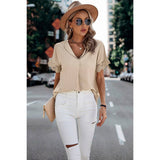 Solid Lace Trim Sleeve V-Neck Fit Blouse - Beight