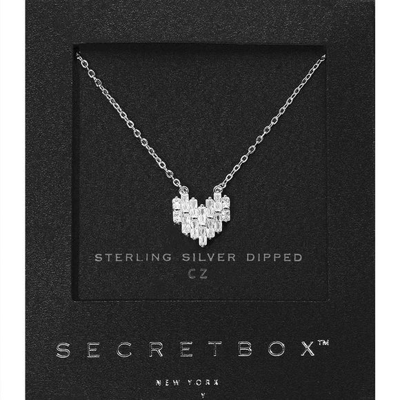Secret Box 14K Gold Dipped CZ Paved Heart Pendant Necklace: Rhodium