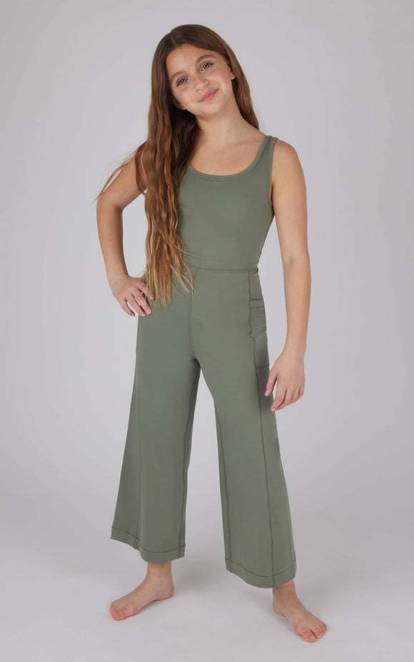 Girls Interlock Everyday Wide Flare Leg Crop Romper: Agave Green