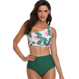 Two Piece One Shoulder Tropical Green Swimsuit