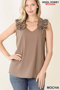 Woven Ruffle Sleeve Top - Mocha