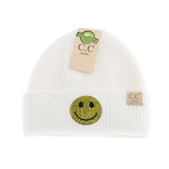 KIDS CC Rhinestone Smiley Face Cuff Beanie: Ivory