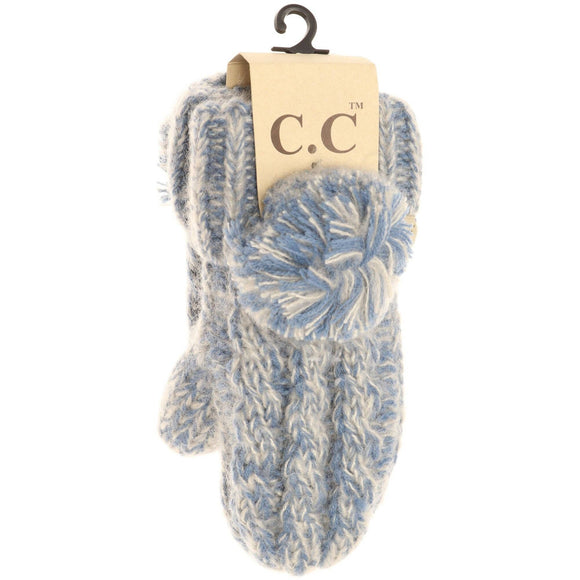 Kids CC Multi-Tone Double Pom Fuzzy Lined Mittens: Denim