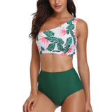 Two Piece One Shoulder Tropical Green Swimsuit