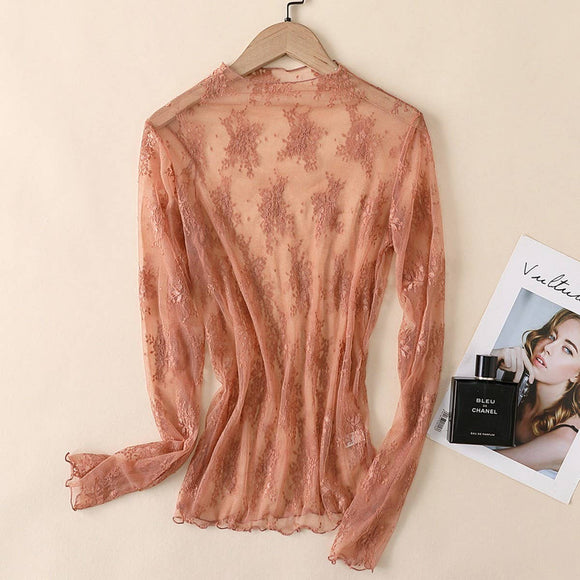 Long Sleeve Lace Blouse: Caramel