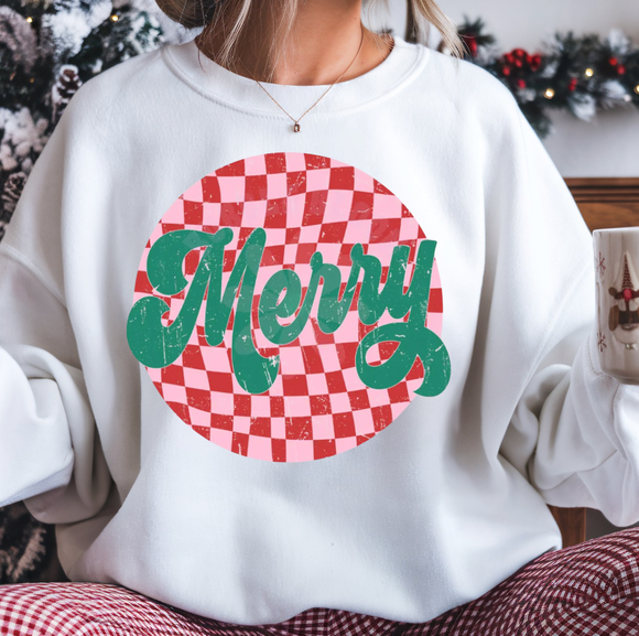 Retro Checkered Merry Crewneck Sweatshirt