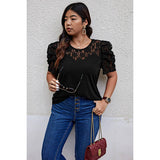 Curvy Solid Lace Ruffle Sleeve Hollow Out Top