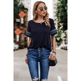 Solid Round Neck Loose Fit Frill Trim Tee - Navy