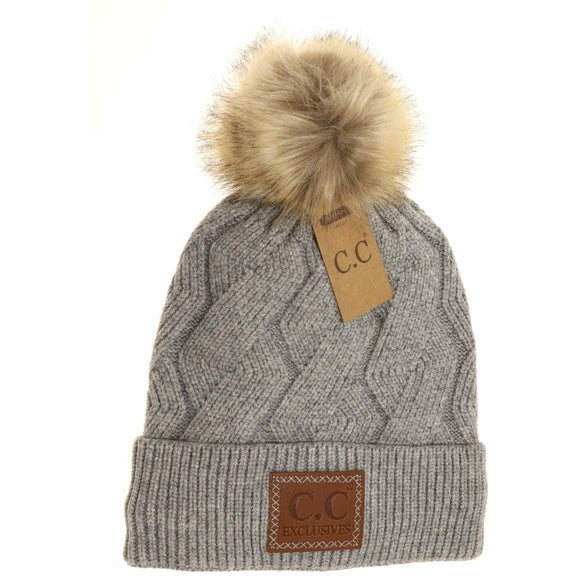 Geometric Knit Faux Fur Pom Beanie: Lt. Grey