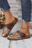 Western Suede Rivet Buckle Strap Slide Sandals: Coffee