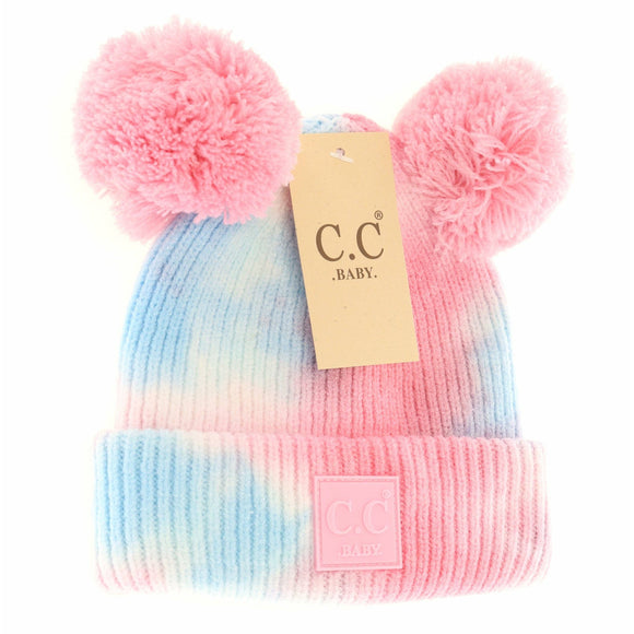 Baby Tie Dye Double Fur Pom Beanie: Baby Pink/Baby Blue