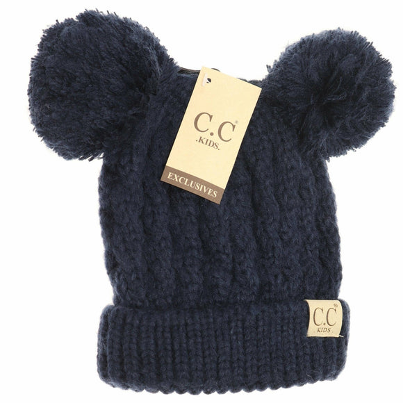 Kids Solid Double Pom CC Beanies: Navy