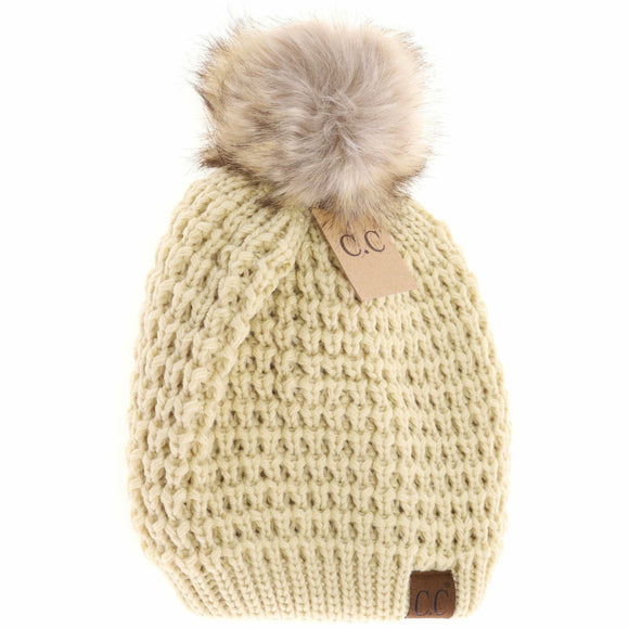 Solid Waffle Stitch Fur Pom C.C Beanie: Lemonade