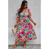 Curvy Floral Butterfly Sleeve Belted Dress