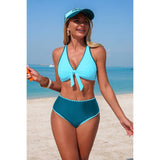 Teal Two Piece Tie Knot High Waisted Swimsuit