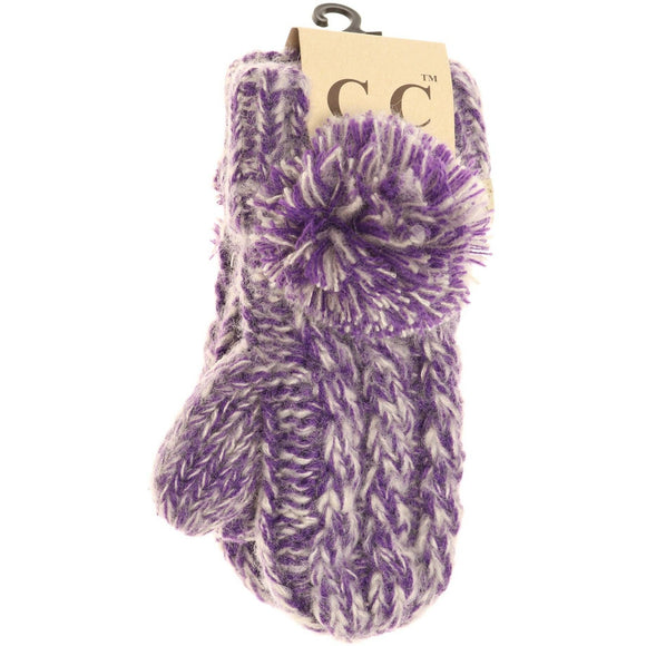 Kids CC Multi-Tone Double Pom Fuzzy Lined Mittens: Purple