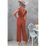 Solid Ruffle Trim V Neck Fit Jumpsuit - Rust