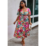 Curvy Floral Butterfly Sleeve Belted Dress