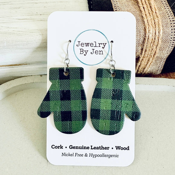 Mitten Earrings: Black & Green Plaid
