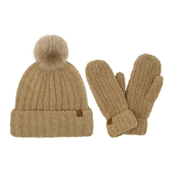 Cozy Yarn C.C Hat and Mitten Set: Taupe