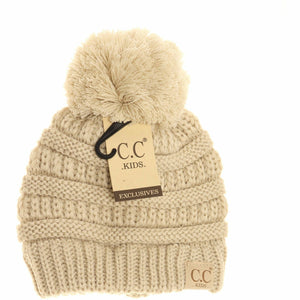Kids Solid Pom CC Beanie: Beige