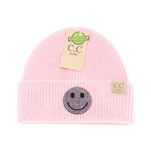KIDS CC Rhinestone Smiley Face Cuff Beanie: Pink
