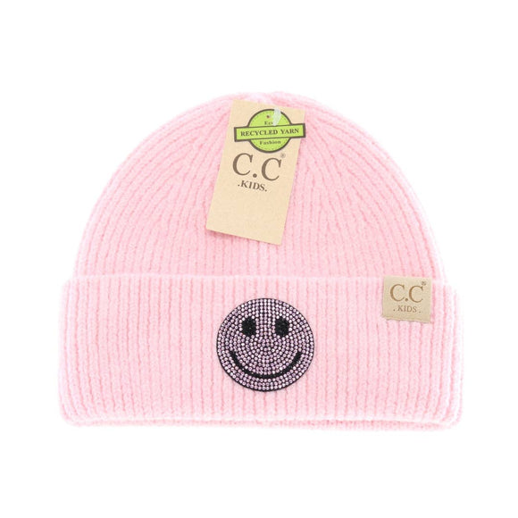 KIDS CC Rhinestone Smiley Face Cuff Beanie: Pink