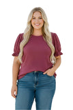 Curvy Short Puff Sleeve Frilled Trim Knit Top