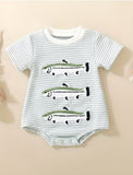 Baby Striped Textured Onesie with Fish Embroidery