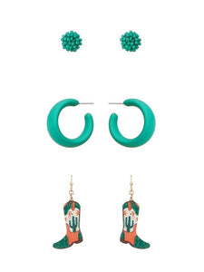 3 Pairs Cowboy Boots Earrings Set -Green/Boots