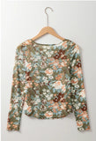 Floral Print Mesh Fitted Long Sleeve Top - Olive