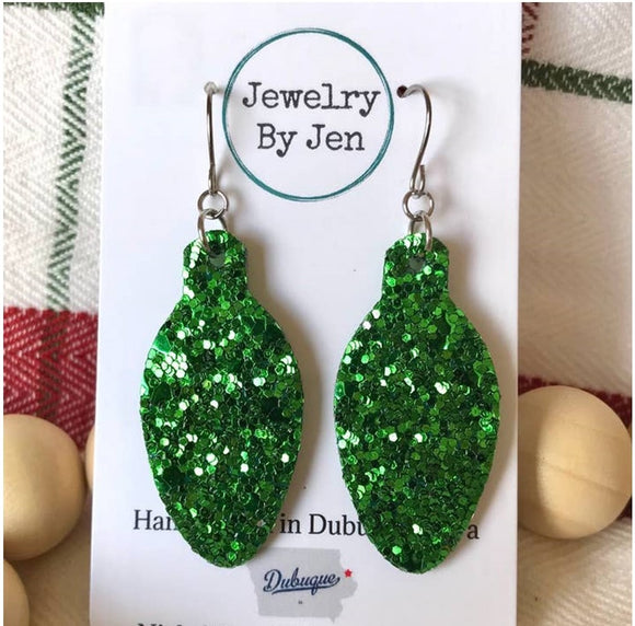 Holiday Bulb Earrings - Green Glitter