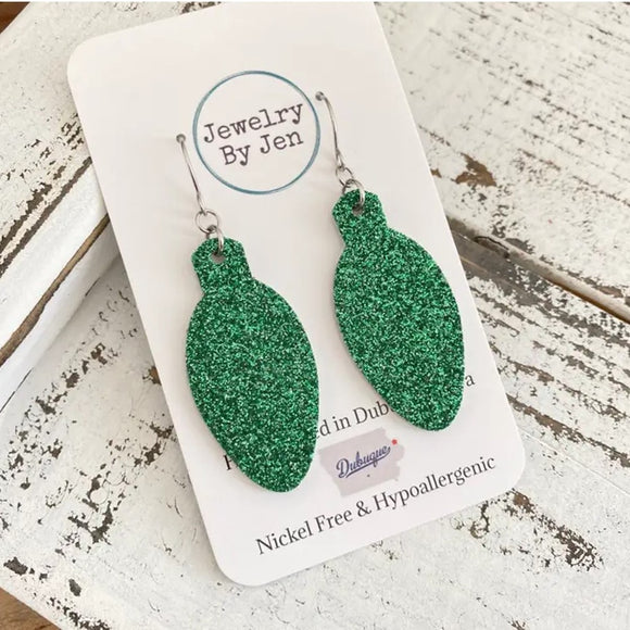 Holiday Bulb Earrings - Fine Green Glitter