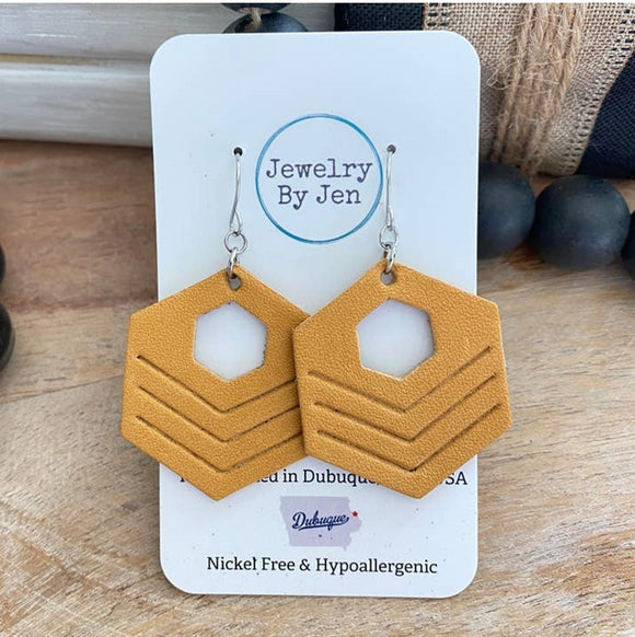 Embossed Hexagon Earrings: Mustard