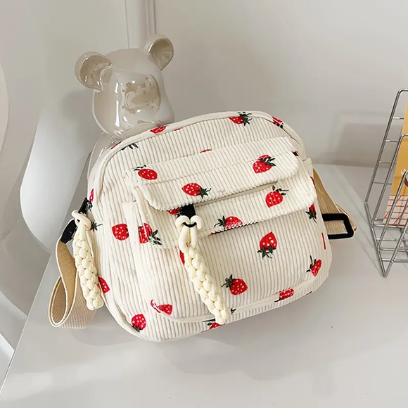 Corduroy Strawberry Shoulder Bag - White