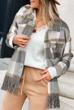 Gray Plaid Snap Button Pocket Fringed Hem Jacket