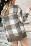 Gray Plaid Snap Button Pocket Fringed Hem Jacket