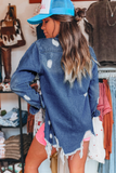 Blue Medium Wash Distressed Frayed Long Denim Jacket