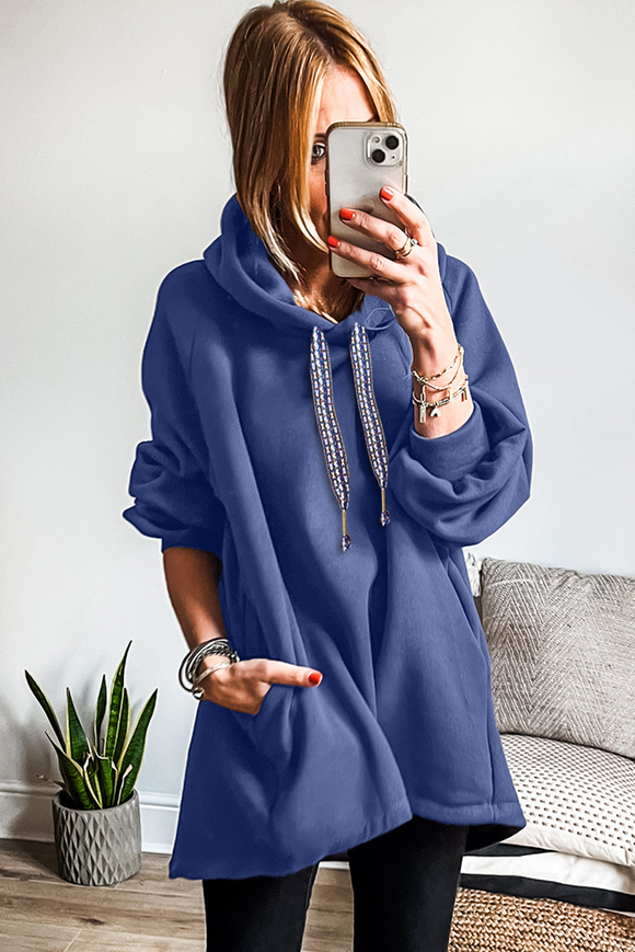 Blue Fleece Lined Drawstring Oversize Hoodie